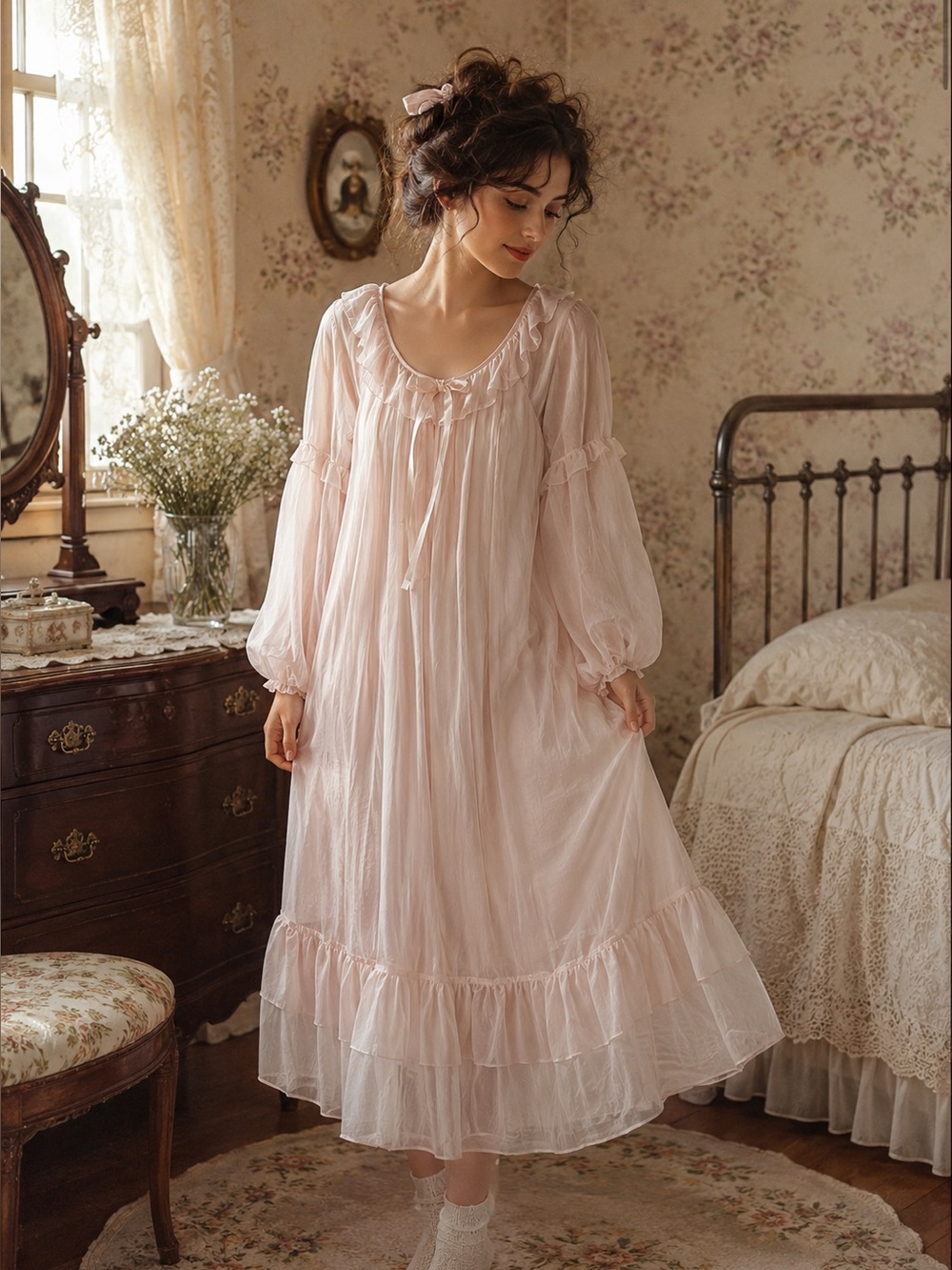 Victorian vintage styled baby pink night dress